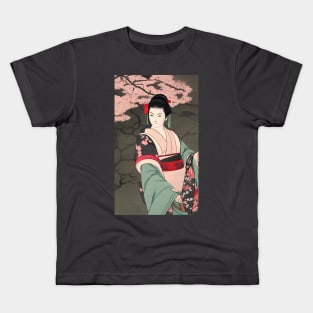 Geisha in Japanese garden, ukiyo e style Kids T-Shirt